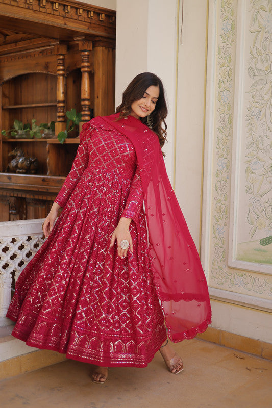 Jyoti Fashion Women's Rani Pink Faux Blooming Sequins Embroidered Partywear Anarkali Dress with Dupatta | Grocsy