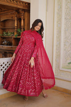 Jyoti Fashion Women's Rani Pink Faux Blooming Sequins Embroidered Partywear Anarkali Dress with Dupatta | Grocsy