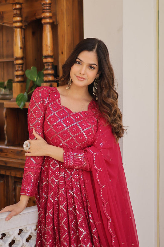 Jyoti Fashion Women's Rani Pink Faux Blooming Sequins Embroidered Partywear Anarkali Dress with Dupatta | Grocsy