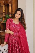 Jyoti Fashion Women's Rani Pink Faux Blooming Sequins Embroidered Partywear Anarkali Dress with Dupatta | Grocsy