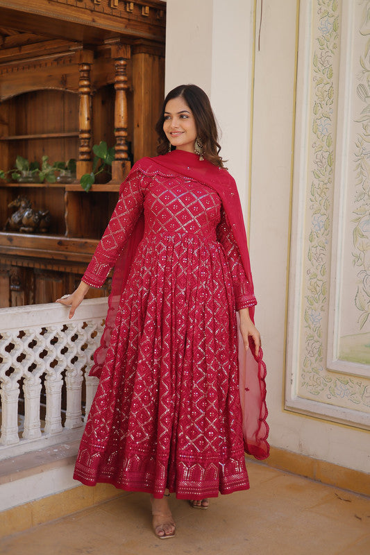 Jyoti Fashion Women's Rani Pink Faux Blooming Sequins Embroidered Partywear Anarkali Dress with Dupatta | Grocsy
