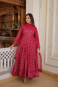 Jyoti Fashion Women's Rani Pink Faux Blooming Sequins Embroidered Partywear Anarkali Dress with Dupatta | Grocsy