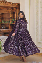 Jyoti Fashion Women's Wine Faux Blooming Sequins Embroidered Partywear Anarkali Dress with Dupatta | Grocsy
