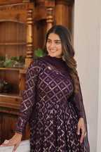 Jyoti Fashion Women's Wine Faux Blooming Sequins Embroidered Partywear Anarkali Dress with Dupatta | Grocsy