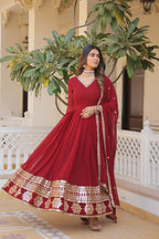 Jyoti Fashion Women's Maroon Faux Blooming Sequins Embroidered Partywear Anarkali Dress with Dupatta | Grocsy