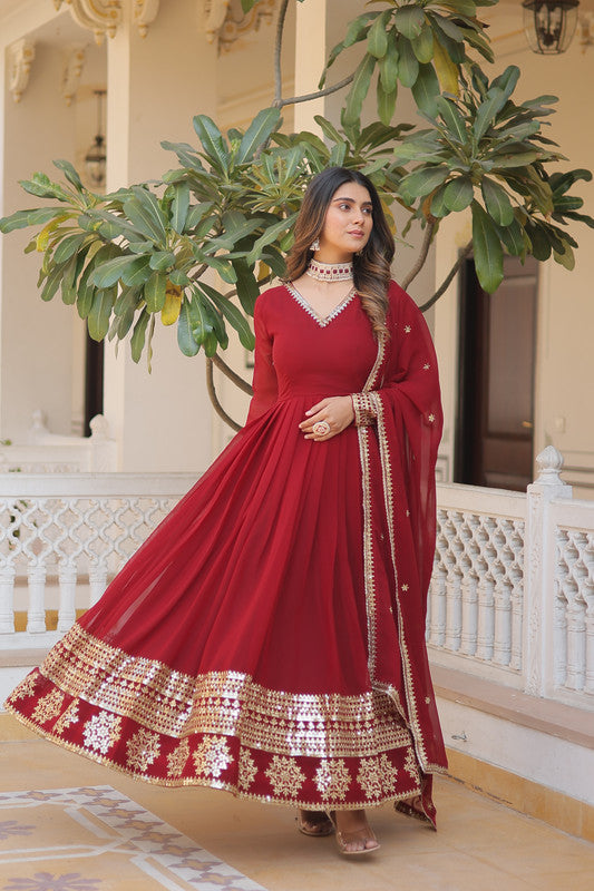 Jyoti Fashion Women's Maroon Faux Blooming Sequins Embroidered Partywear Anarkali Dress with Dupatta | Grocsy