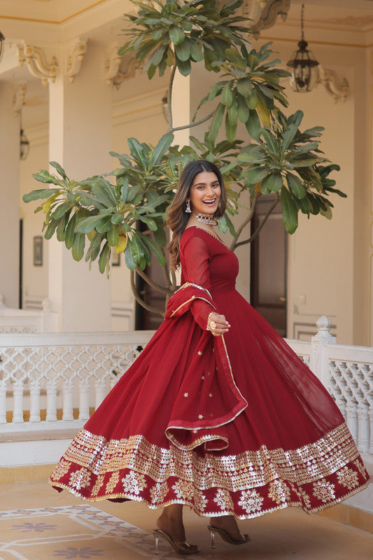 Jyoti Fashion Women's Maroon Faux Blooming Sequins Embroidered Partywear Anarkali Dress with Dupatta | Grocsy