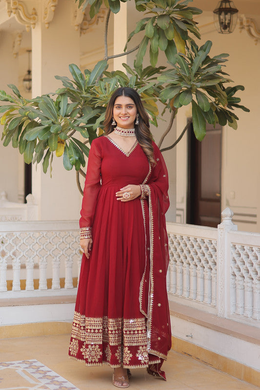 Jyoti Fashion Women's Maroon Faux Blooming Sequins Embroidered Partywear Anarkali Dress with Dupatta | Grocsy