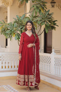 Jyoti Fashion Women's Maroon Faux Blooming Sequins Embroidered Partywear Anarkali Dress with Dupatta | Grocsy