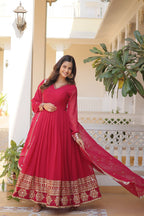 Jyoti Fashion Women's Rani Pink Faux Blooming Sequins Embroidered Partywear Anarkali Dress with Dupatta | Grocsy