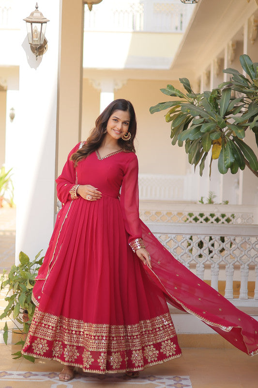 Jyoti Fashion Women's Rani Pink Faux Blooming Sequins Embroidered Partywear Anarkali Dress with Dupatta | Grocsy