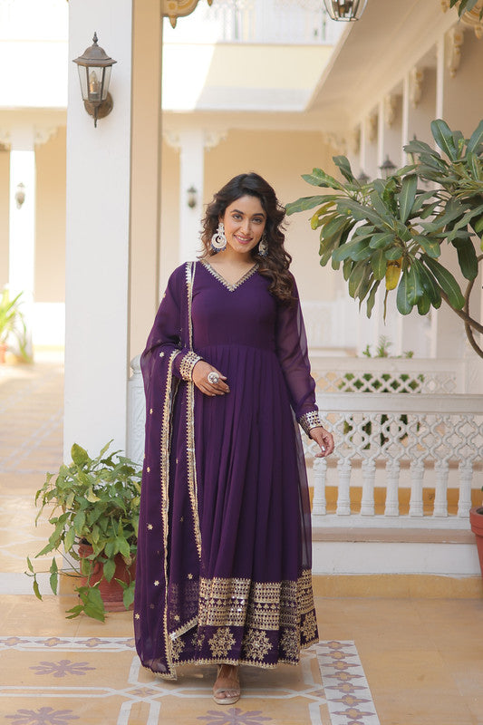 Jyoti Fashion Women's Purple Faux Blooming Sequins Embroidered Partywear Anarkali Dress with Dupatta | Grocsy