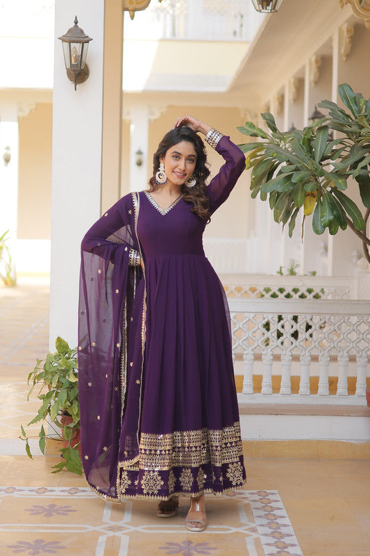 Jyoti Fashion Women's Purple Faux Blooming Sequins Embroidered Partywear Anarkali Dress with Dupatta | Grocsy