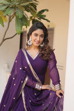 Jyoti Fashion Women's Purple Faux Blooming Sequins Embroidered Partywear Anarkali Dress with Dupatta | Grocsy