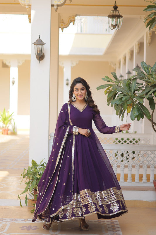 Jyoti Fashion Women's Purple Faux Blooming Sequins Embroidered Partywear Anarkali Dress with Dupatta | Grocsy