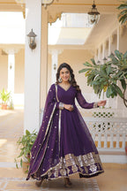 Jyoti Fashion Women's Purple Faux Blooming Sequins Embroidered Partywear Anarkali Dress with Dupatta | Grocsy