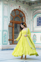 Jyoti Fashion Women's Parrot Green Faux Georgette Frill Work Partywear Anarkali Dress with Dupatta | Grocsy