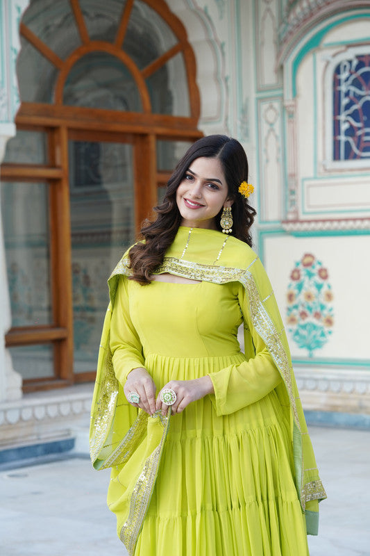 Jyoti Fashion Women's Parrot Green Faux Georgette Frill Work Partywear Anarkali Dress with Dupatta | Grocsy