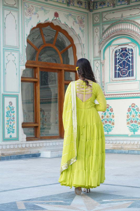 Jyoti Fashion Women's Parrot Green Faux Georgette Frill Work Partywear Anarkali Dress with Dupatta | Grocsy