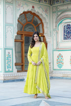Jyoti Fashion Women's Parrot Green Faux Georgette Frill Work Partywear Anarkali Dress with Dupatta | Grocsy