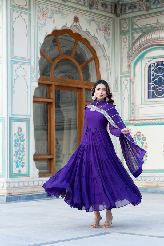 Jyoti Fashion Women's Purple Faux Georgette Frill Work Partywear Anarkali Dress with Dupatta | Grocsy