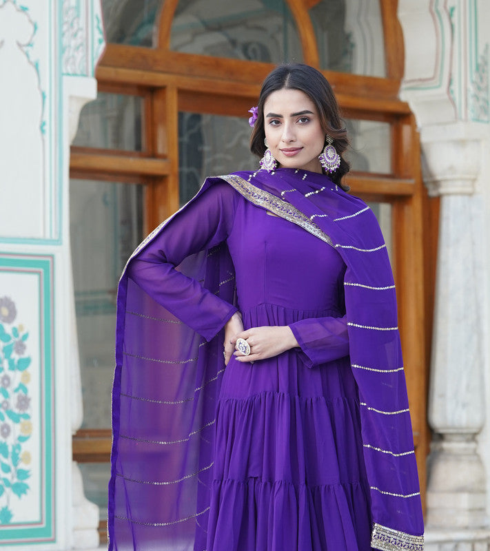 Jyoti Fashion Women's Purple Faux Georgette Frill Work Partywear Anarkali Dress with Dupatta | Grocsy