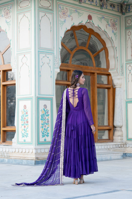 Jyoti Fashion Women's Purple Faux Georgette Frill Work Partywear Anarkali Dress with Dupatta | Grocsy