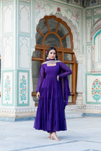 Jyoti Fashion Women's Purple Faux Georgette Frill Work Partywear Anarkali Dress with Dupatta | Grocsy