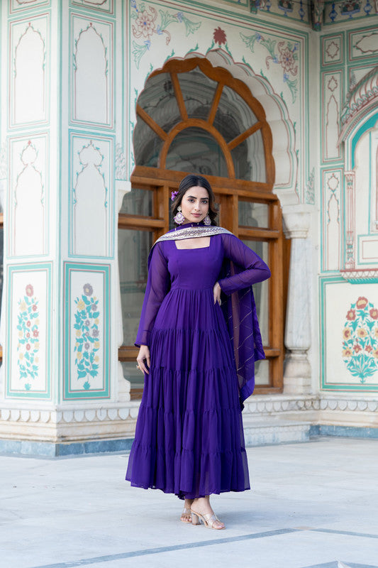 Jyoti Fashion Women's Purple Faux Georgette Frill Work Partywear Anarkali Dress with Dupatta | Grocsy