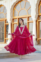 Jyoti Fashion Women's Rani Pink Faux Georgette Frill Work Partywear Anarkali Dress with Dupatta | Grocsy