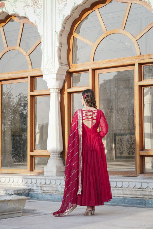 Jyoti Fashion Women's Rani Pink Faux Georgette Frill Work Partywear Anarkali Dress with Dupatta | Grocsy