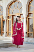 Jyoti Fashion Women's Rani Pink Faux Georgette Frill Work Partywear Anarkali Dress with Dupatta | Grocsy