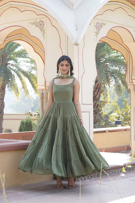 Jyoti Fashion Women's Green Faux Georgette Frill Work Partywear Anarkali Dress with Dupatta | Grocsy