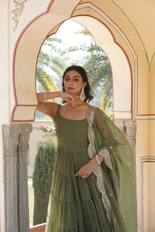 Jyoti Fashion Women's Green Faux Georgette Frill Work Partywear Anarkali Dress with Dupatta | Grocsy