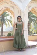 Jyoti Fashion Women's Green Faux Georgette Frill Work Partywear Anarkali Dress with Dupatta | Grocsy