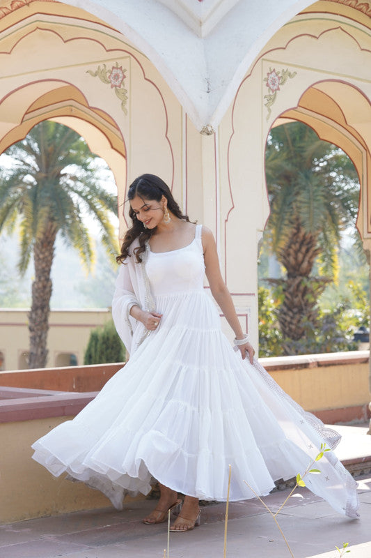 Jyoti Fashion Women's White Faux Georgette Frill Work Partywear Anarkali Dress with Dupatta | Grocsy
