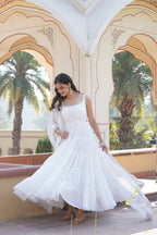 Jyoti Fashion Women's White Faux Georgette Frill Work Partywear Anarkali Dress with Dupatta | Grocsy