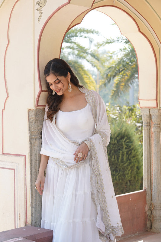 Jyoti Fashion Women's White Faux Georgette Frill Work Partywear Anarkali Dress with Dupatta | Grocsy