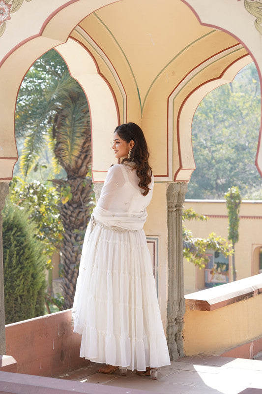 Jyoti Fashion Women's White Faux Georgette Frill Work Partywear Anarkali Dress with Dupatta | Grocsy