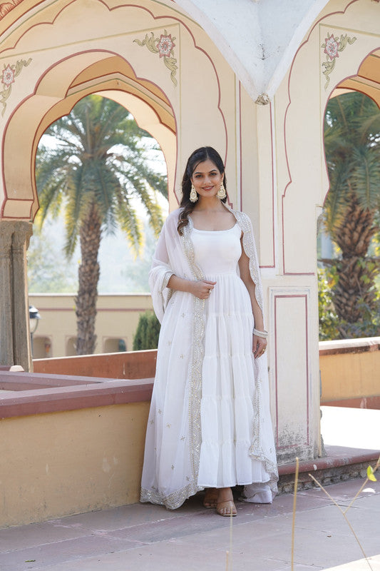 Jyoti Fashion Women's White Faux Georgette Frill Work Partywear Anarkali Dress with Dupatta | Grocsy