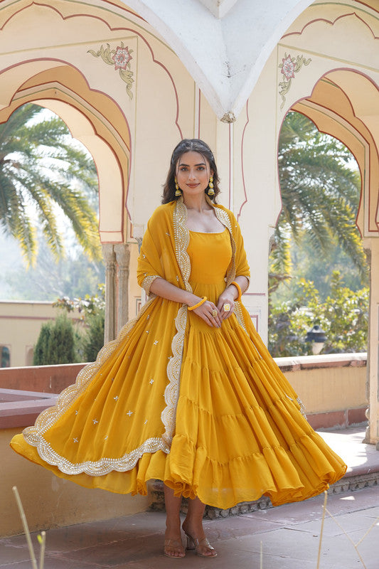 Jyoti Fashion Women's Yellow Faux Georgette Frill Work Partywear Anarkali Dress with Dupatta | Grocsy