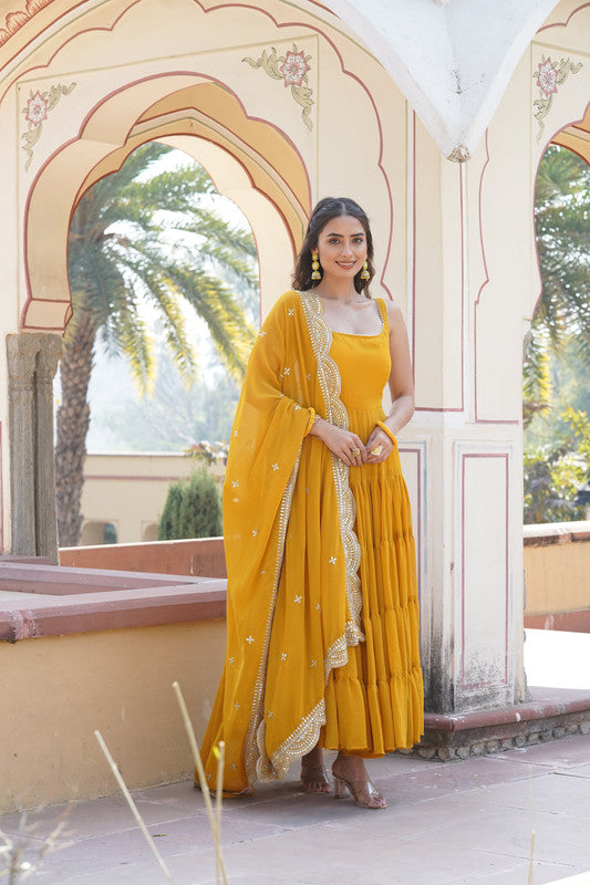 Jyoti Fashion Women's Yellow Faux Georgette Frill Work Partywear Anarkali Dress with Dupatta | Grocsy