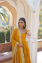 Jyoti Fashion Women's Yellow Faux Georgette Frill Work Partywear Anarkali Dress with Dupatta | Grocsy