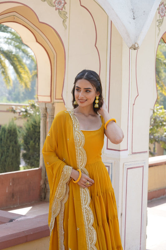 Jyoti Fashion Women's Yellow Faux Georgette Frill Work Partywear Anarkali Dress with Dupatta | Grocsy