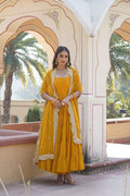 Jyoti Fashion Women's Yellow Faux Georgette Frill Work Partywear Anarkali Dress with Dupatta | Grocsy