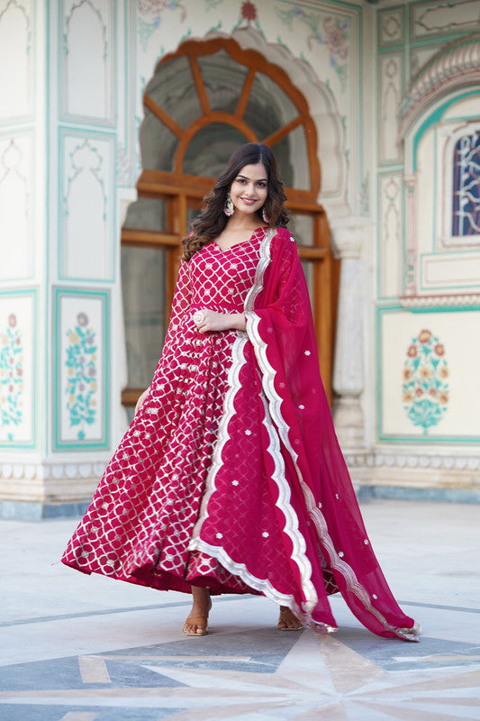 Jyoti Fashion Women's Rani Pink Faux Blooming Sequins Embroidered Partywear Anarkali Dress with Dupatta | Grocsy
