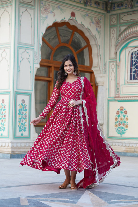 Jyoti Fashion Women's Rani Pink Faux Blooming Sequins Embroidered Partywear Anarkali Dress with Dupatta | Grocsy