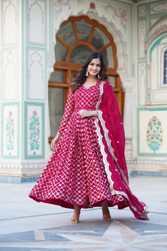 Jyoti Fashion Women's Rani Pink Faux Blooming Sequins Embroidered Partywear Anarkali Dress with Dupatta | Grocsy