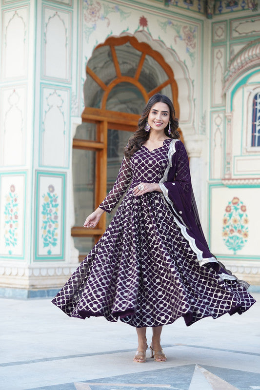 Jyoti Fashion Women's Wine Faux Blooming Sequins Embroidered Partywear Anarkali Dress with Dupatta | Grocsy