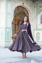 Jyoti Fashion Women's Wine Faux Blooming Sequins Embroidered Partywear Anarkali Dress with Dupatta | Grocsy